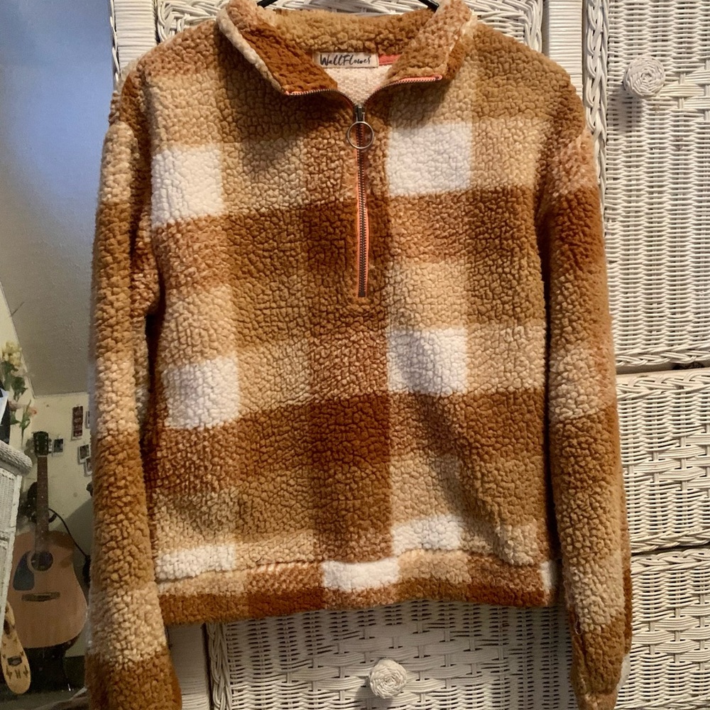 gingham tan fur quarter zip